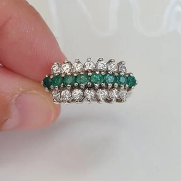 Vintage Boho 3 Row Crystal Natural Emerald Sterling Silver 925 Cocktail Ring 6.2 - Picture 2 of 9
